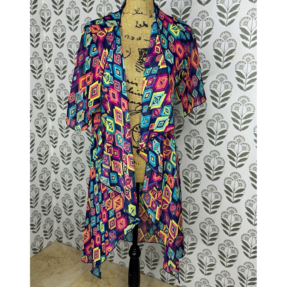 LuLaRoe Women's Multicolor Geometric Kimono Open Front Short Sleeve S Knit